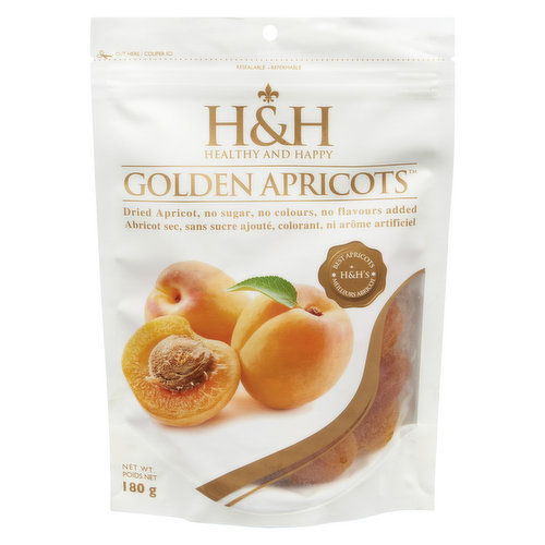 Dried apricots. No sugar, no colours, no flavours added. Resealable pouch.