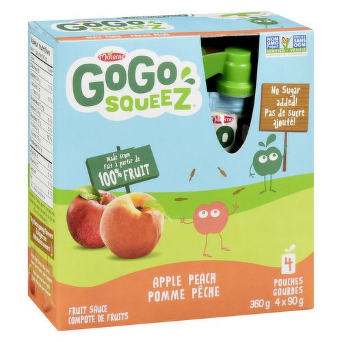 A sweet and tangy healthy snack for kids. A portable fruit pouch packed with peaches and apples is a treat for anybodys tastebuds. All natural 100% fruit! 4X90g pouches.