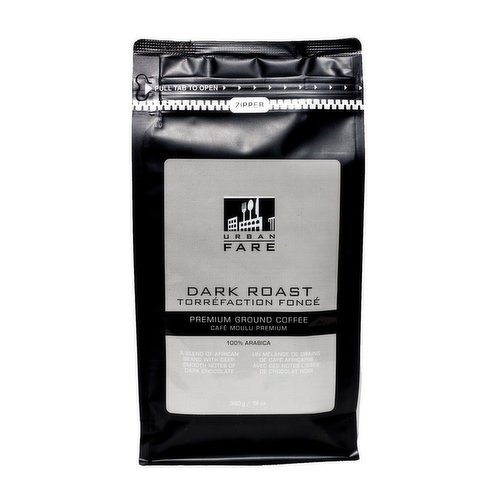 100% Arabica. A blend of African beans with deep smooth notes of dark chocolate.