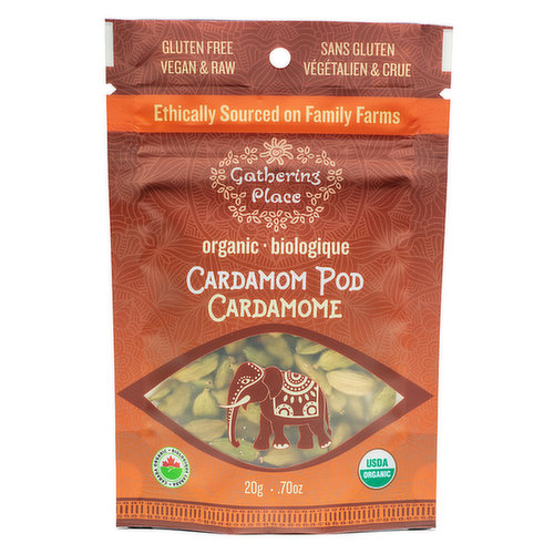 <em>Dietary Terms:</em><br>Gluten Free, Dairy Free, Vegan, Nut Free, Organic, Raw, Wheat Free, Product of Canada, Vegetarian, Peanut Free, Tree Nut Free, Soy Free<br>Gathering Place Cardamom Pod comes direct from our Farmers? Cooperatives in Guatemala and Honduras. Sweet and aromatic, our cardamom is hand harvested, dried, and then shipped direct to us. With a pleasant hint of citrus, it can be used in both teas and cooking.