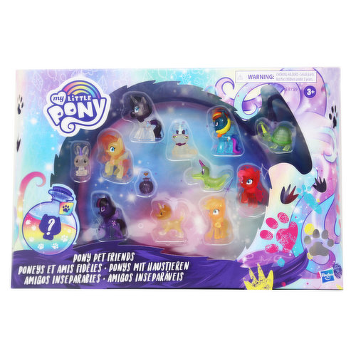Pony pet friends 12 piece set with 1.5 inch adorable figures, each pet has a unicorn horn. One pet figure is a hidden surprise; Tear open the pet-themed pack to reveal a mystery figure with a fun, surprise look. Ages 3+