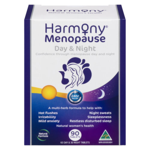 Harmony Menopause Day & Night is a synergistic blend of herbs traditionally used for menopause symptom relief day and night