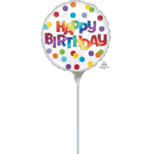 White with Rainbow polka dots Happy Birthday balloon on a stick