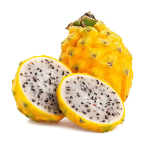 Yellow Dragon fruit has a crisp, juicy texture and verysweet, tropical flavor with floral hints and no acidity.