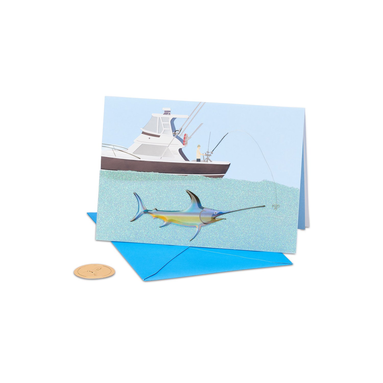 Fishing from wooden Canoe in Mountain Lake ADVENTURE Papyrus Father's Day card 