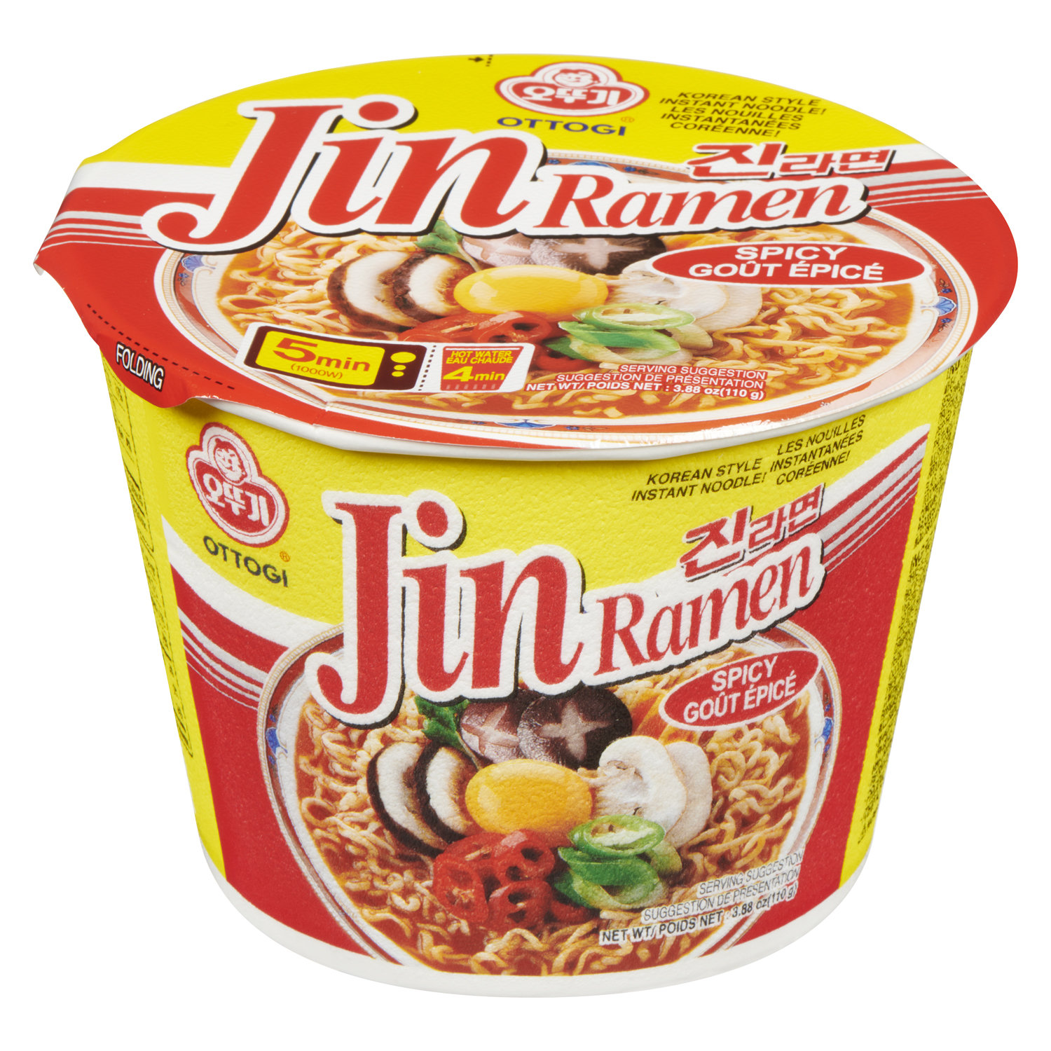 Ottogi Jin Ramen Spicy, Korean Ramen Noodle Soup Cup, 110g * 6, Pack of 6