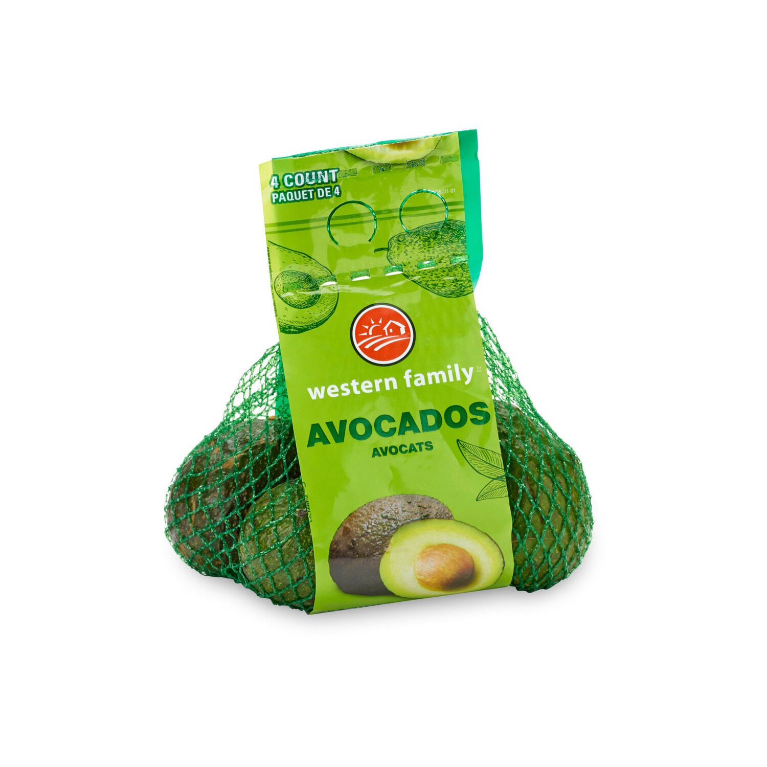 Group of fresh avocados in a green mesh bag isolated on white. One