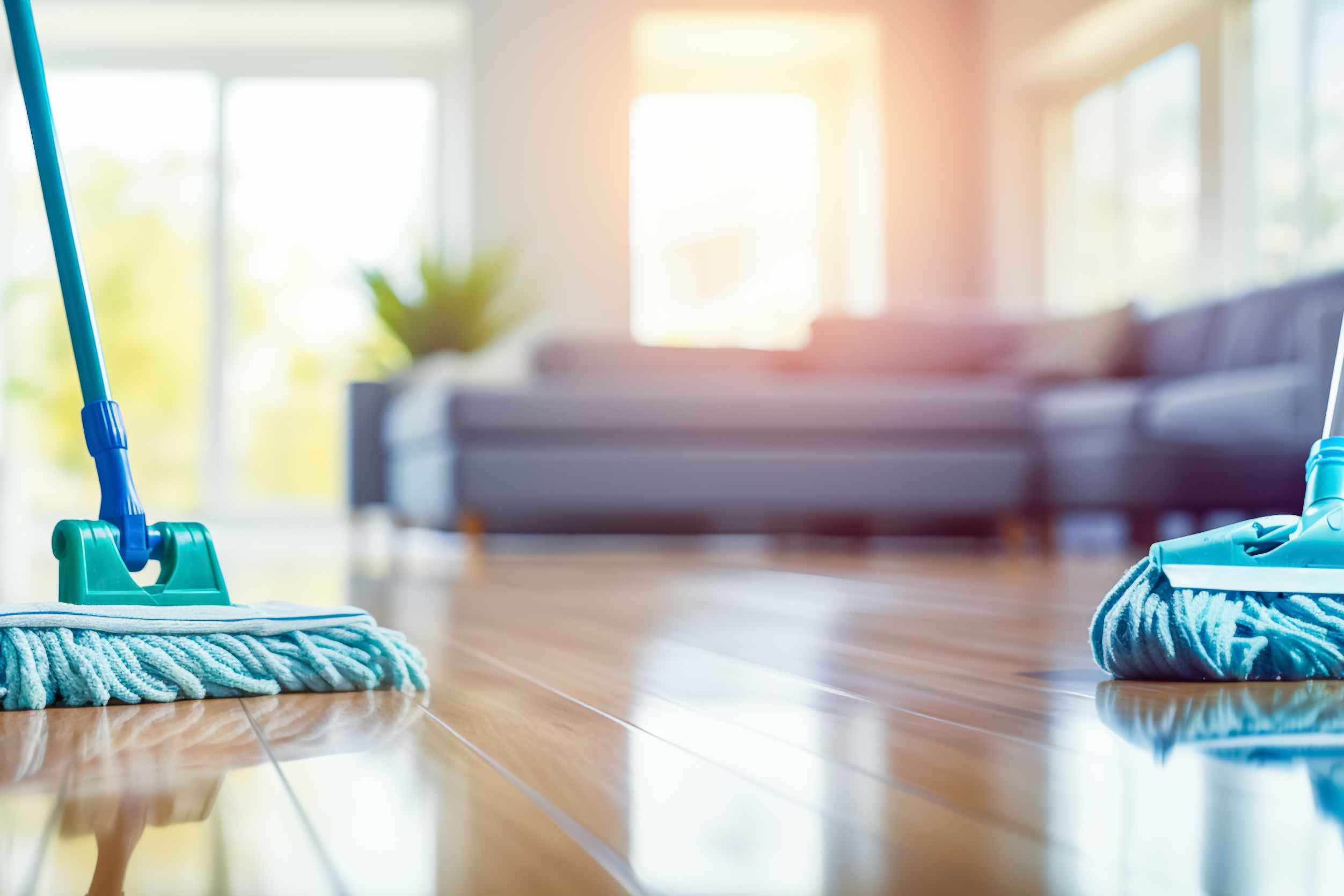 dwa niebieskie mopy, które wycierają drewnianą podłogę