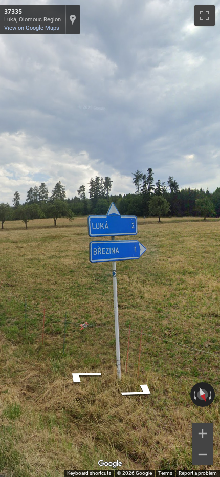 Czech direction sign with a small arrow pointing towards a town name, distinguishing it from Slovak signs.