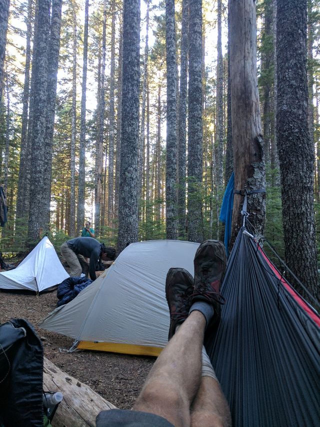 Relaxing in the very crowded campsite.