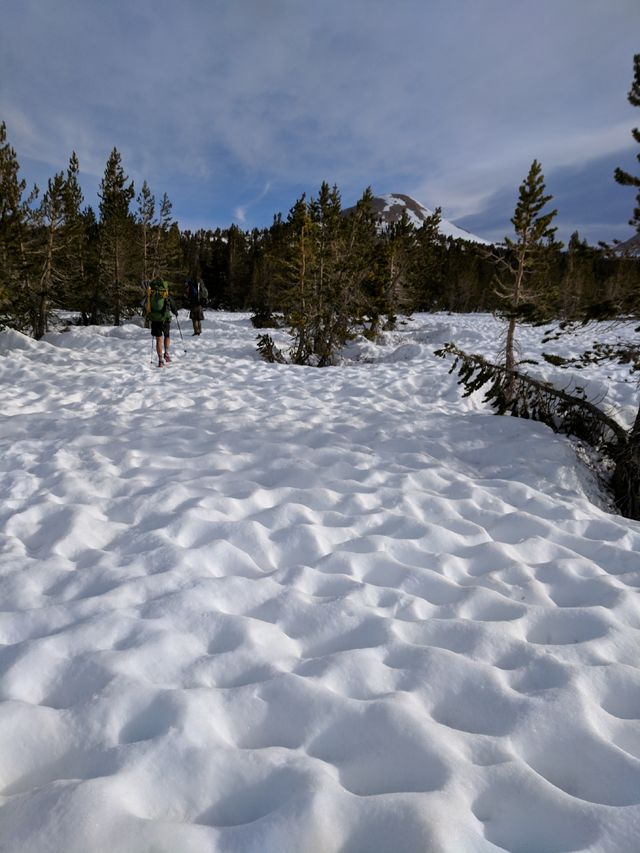 Trying to find the path through an endless field of slushy sun cups.