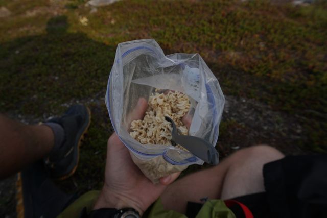 It's weird, but my guilty pleasure is terrible hiking food, like eating this dry ramen straight from the bag.