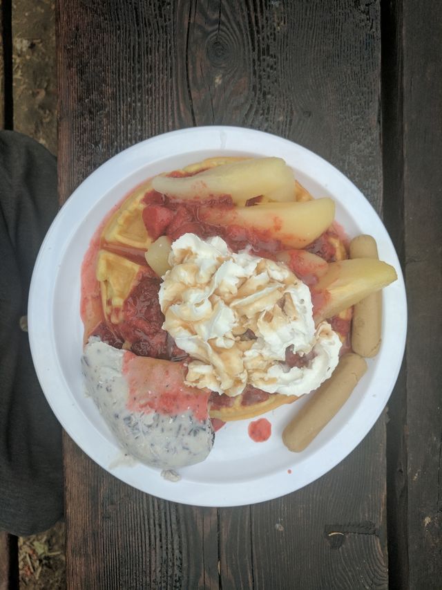 This mess is a waffle with pears, ice cream, whipped cream, syrup, and raspberry sauce.