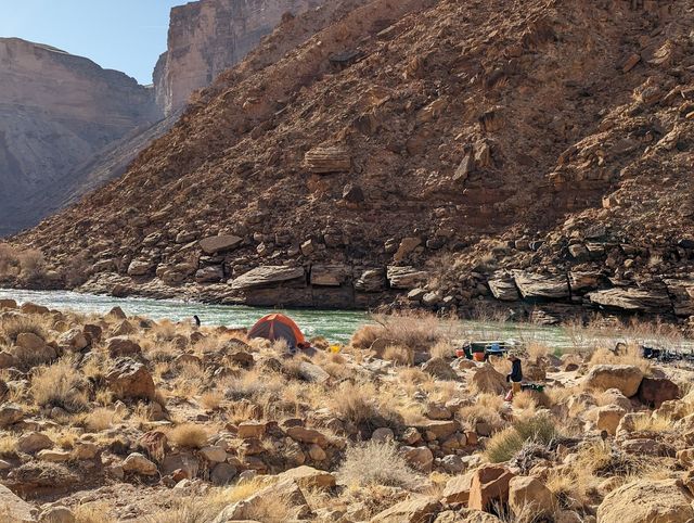 Looking back at camp, with tents hiding amongst the rocks