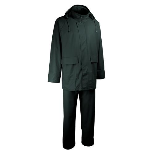 Complet de pluie (veste et pantalon).
polyuréthane/p.v.c sur support polyester.

veste:
* avec capuche dans le col. 
* fermeture à glissière sous rabat à pressions.
* 2 poches latérales avec rabat.
* dos ventilé. 
* serrage à la taille. 

pantalon:
* avec braguette et une pression. 
* cordon de serrage à la taille + serrage élastique. 
* ajustement en bas des jambes par pressions. 
* passe-mains.

coutures soudées pour l'imperméabilité.
coloris vert.