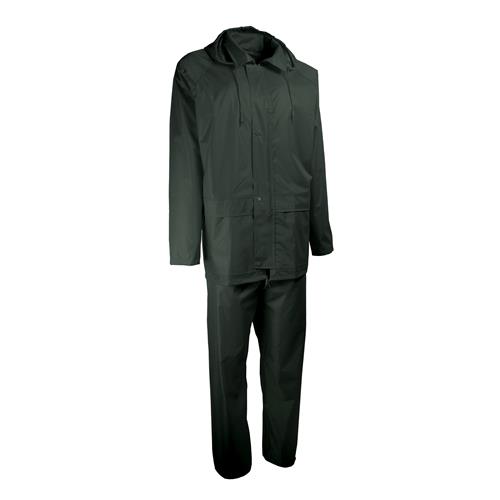 Complet de pluie (veste et pantalon).
p.v.c sur support polyester.

veste:
* avec capuche fixe enroulée dans le col. (serrage par cordon).
* fermeture à glissière sous rabat à pressions.
* 2 poches latérales avec rabat.
* dos ventilé. 
* serrage à la taille par cordon. 

pantalon:
* avec braguette et pressions. 
* serrage élastique à la taille.
* ajustement en bas des jambes par pressions. 
* passe-mains.

coutures soudées pour l'imperméabilité.
coloris vert.