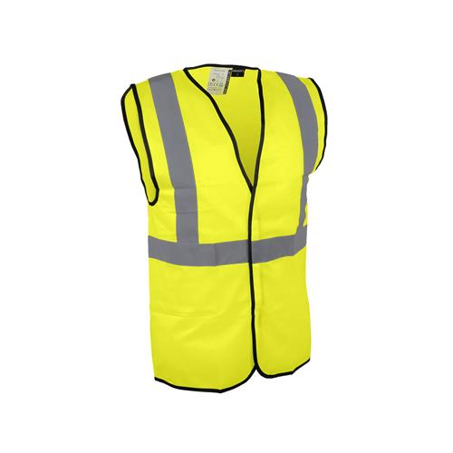 Gilet de signalisation haute visibilité.
100% polyester. coloris jaune.
bandes grises rétro-réfléchissantes :
- une bande horizontale autour du corps.
- une bande verticale au dessus de chaque épaule. 
fermeture par bande auto-agrippante.
finition avec liseré noir