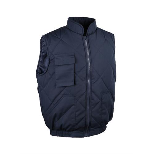 Gilet polyester/coton matellassé.
col droit.  doublure polyester. matelassage polyester. 
2 poches + 1 poche téléphone.
serrage élastique à la taille. fermeture à glissière.
coloris bleu marine.