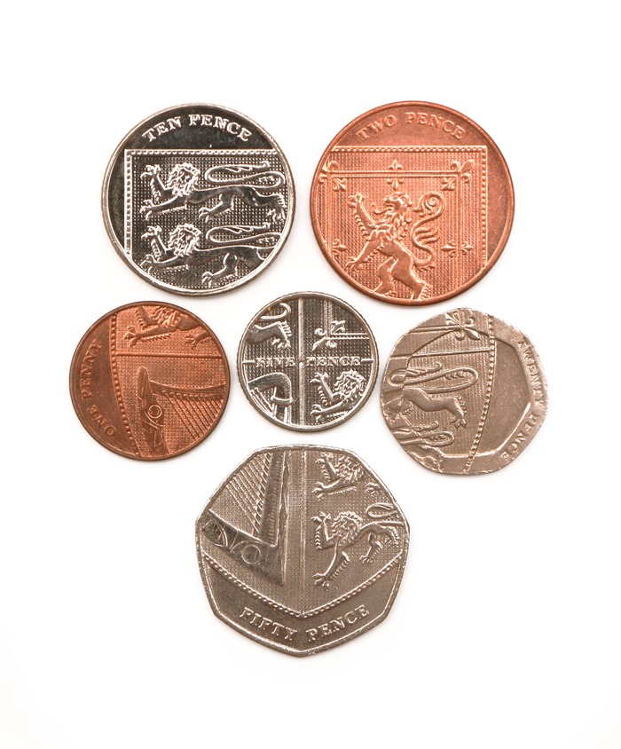  Coins of 1 penny, 2 pence, 5 pence, 10 pence, 20 pence and 50 pence 