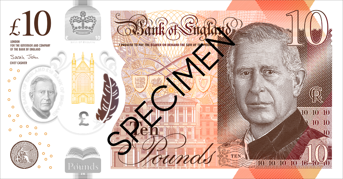 Recto du billet de 10 livres sterling à l'effigie du roi Charles III avec la mention SPECIMEN