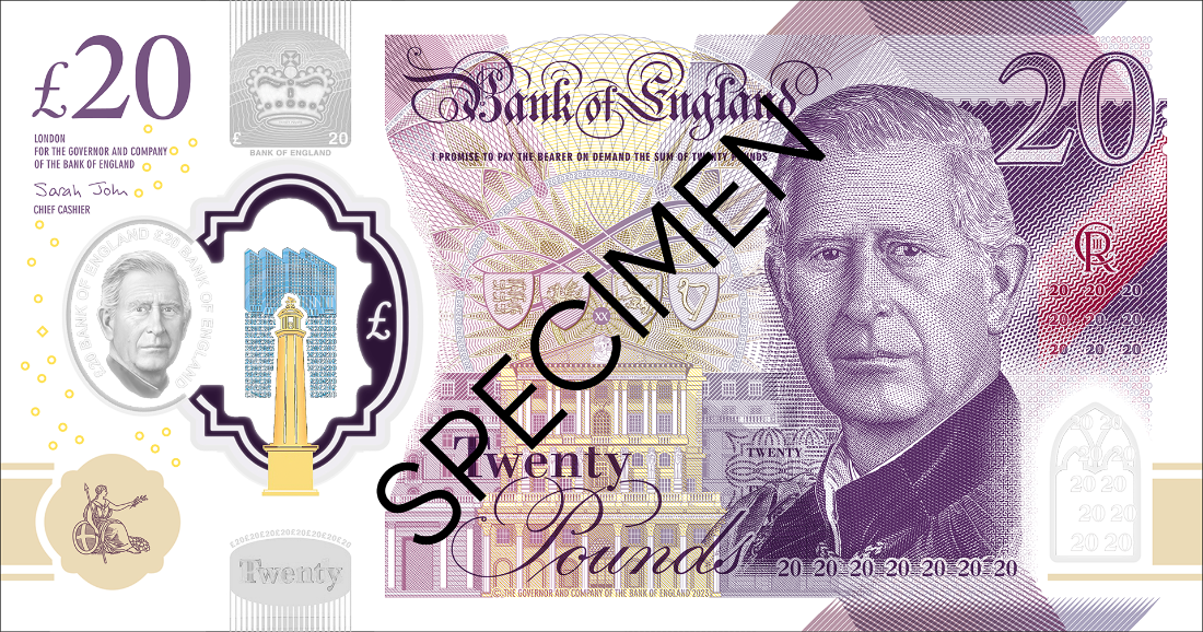 Recto du billet de 20 livres sterling à l'effigie du roi Charles III avec la mention SPECIMEN