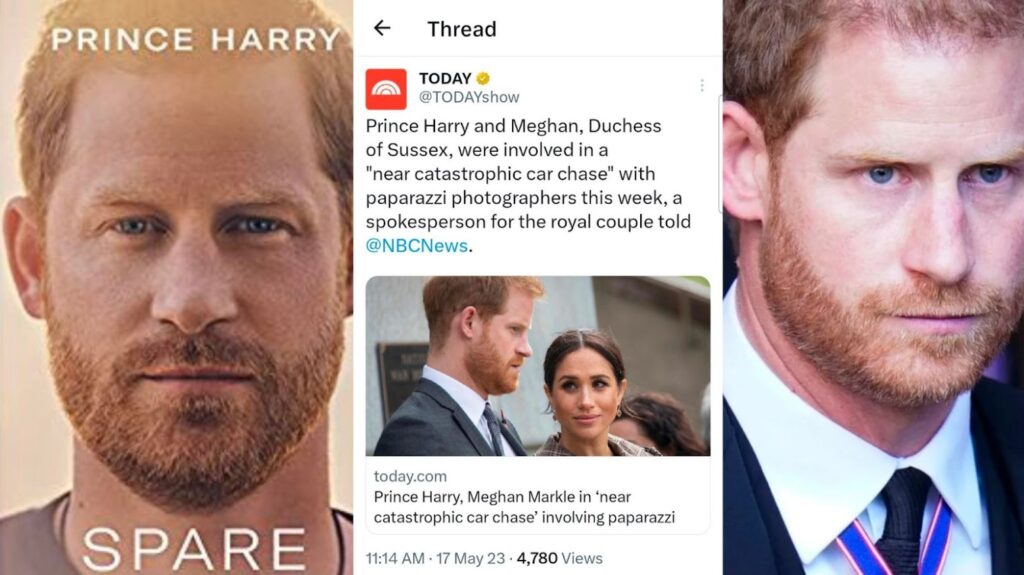 A collection of scandal-inducing material is shown, including the Spare memoir, Today News X headlines and an angry-looking Prince Harry.