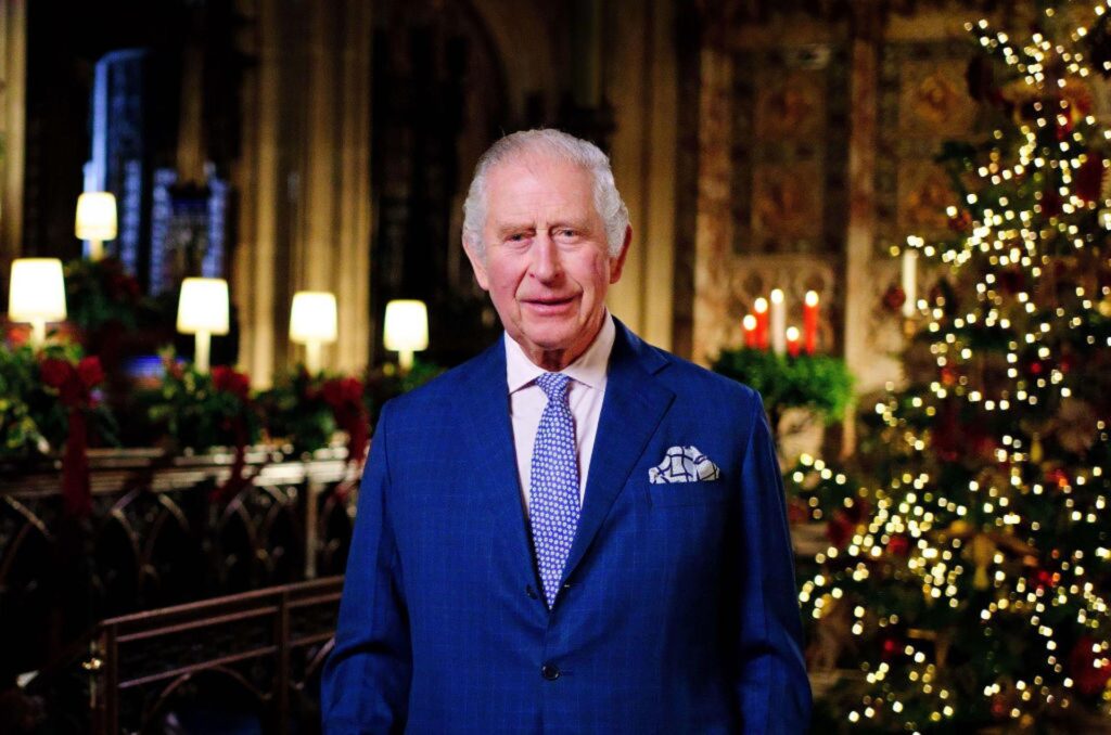 King Charles III is seen during the recording of his first Christmas broadcast in