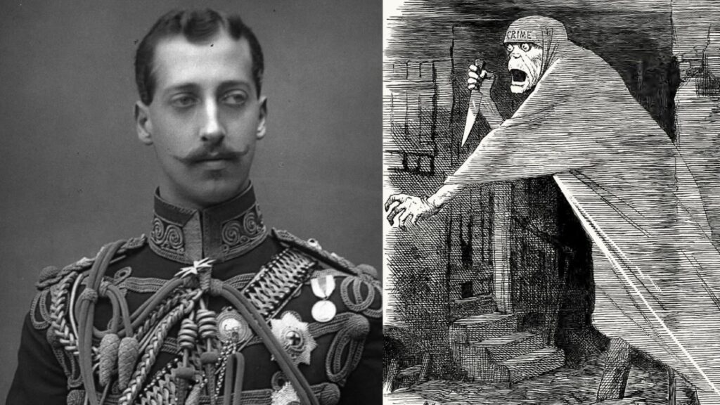 Prince Albert, Duke of Clarence and Avondale dressed in his military uniform/A drawing of Jack the Ripper published by Punch Magazine in 1888