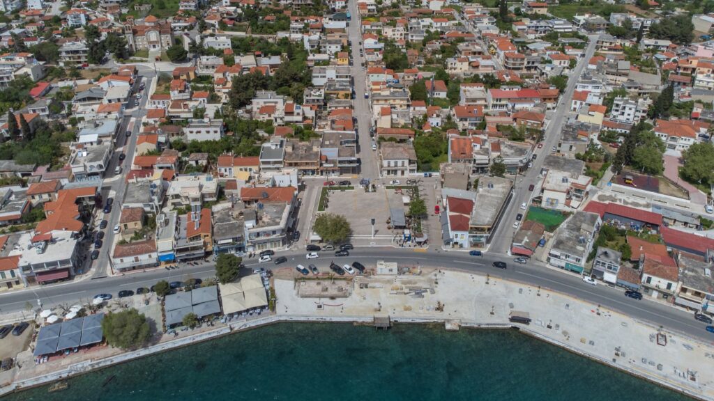 An aerial view of Amarynthos, Greece in the daytime.