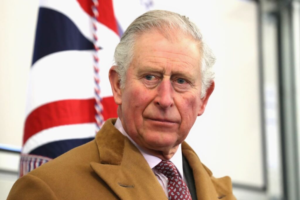 King Charles pictured in a brown coat as he stands beside the British flag