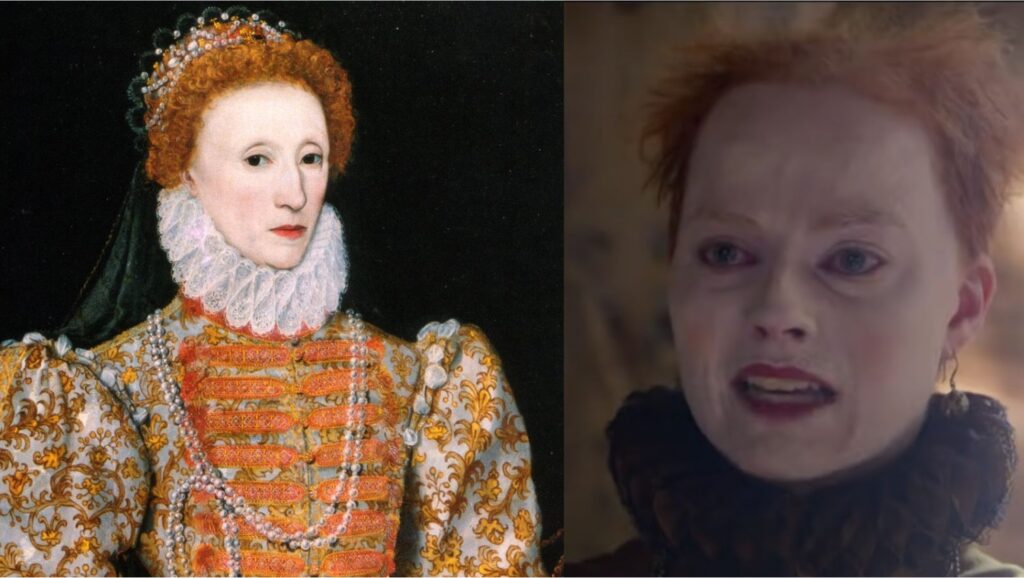 Queen Elizabeth I pictured in a long orange and white dress in a portrait/Margot Robbie as Queen Elizabeth I pictured with thinning hair