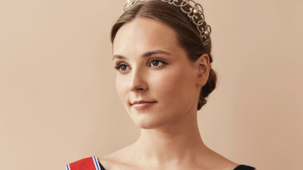 An official portrait of Princess Ingrid of Norway. She is wearing a tiara and has a neutral expression on her face.