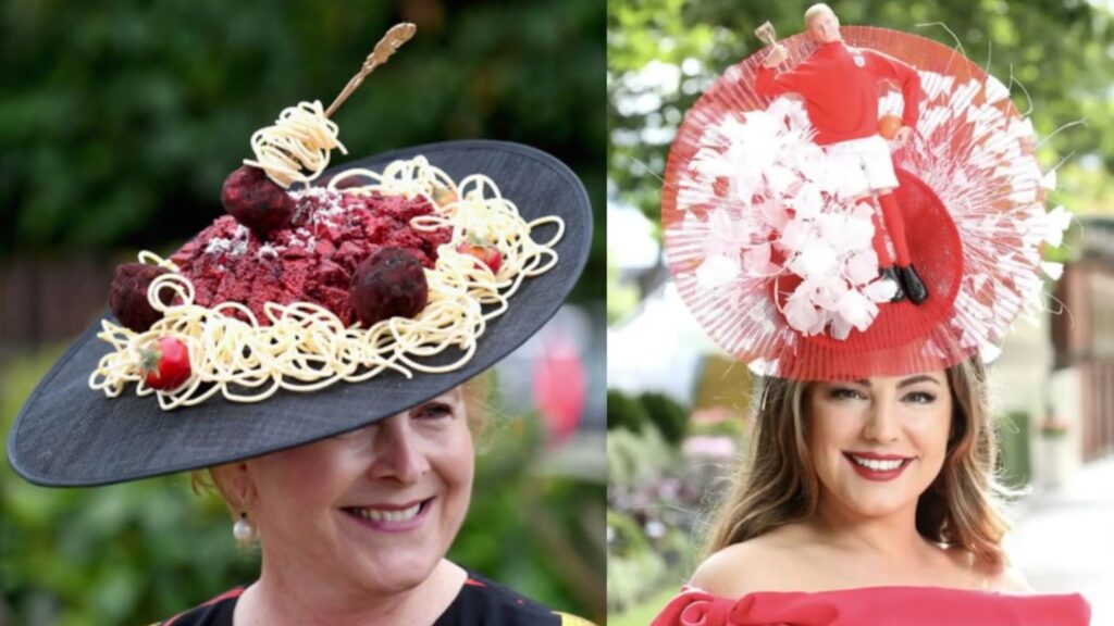 A woman pictured wearing a hat that resembles a plate of spaghetti bolognese/A woman dressed in a red outfit shows off her soccer-inspired hat at the Royal Ascot event