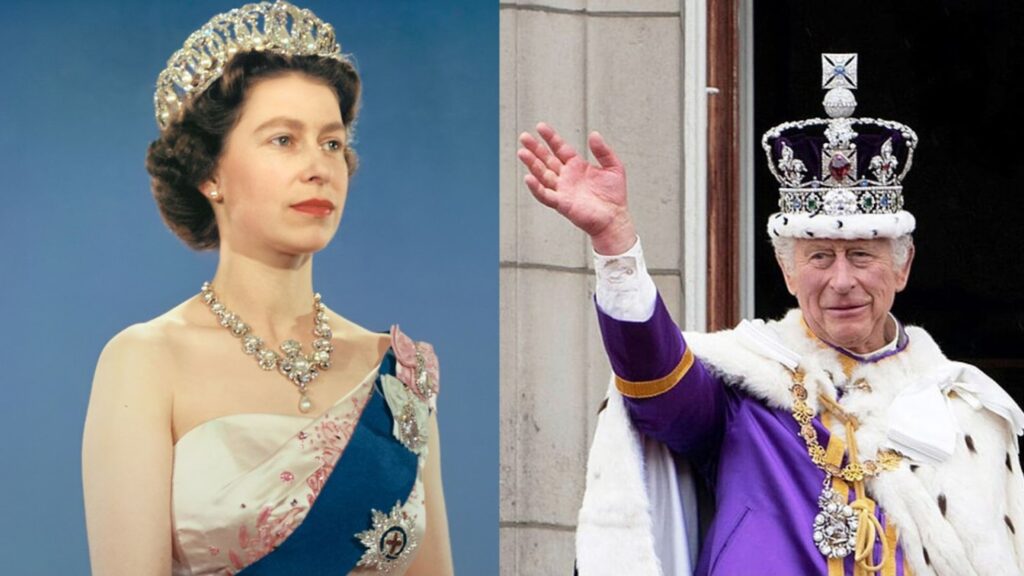 An image of Queen Elizabeth II before a tour in 1959/An image of King Charles during his coronation ceremony