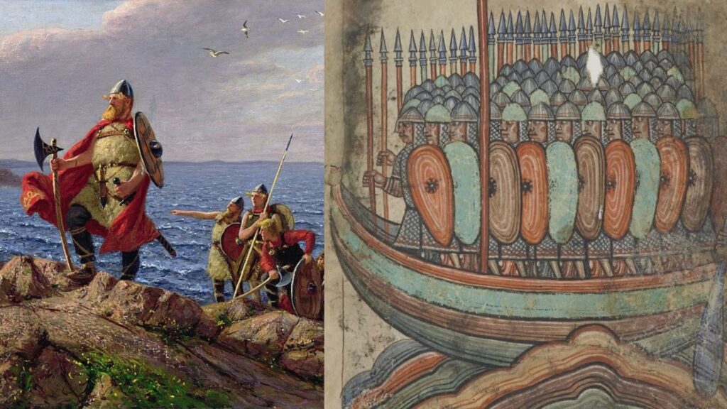 An image depicting Leaf Erikson arriving on the shores of America with his Viking crew/An old drawing depicting Vikings as they sail on a ship