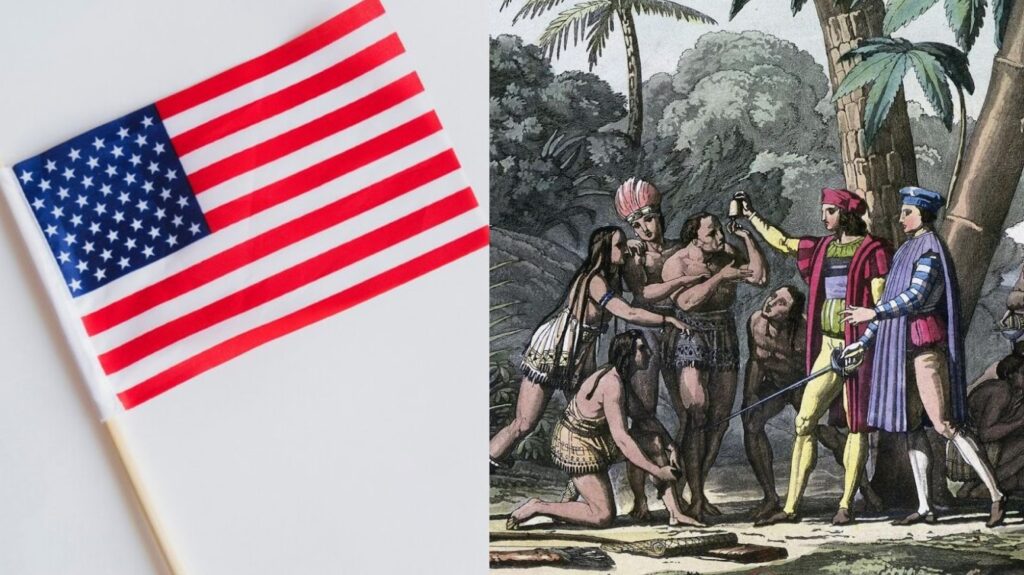 A small US flag on a little wooden stick in front of a white background/Depiction of Chrisopher Columbus arriving on the island of Hispaniola