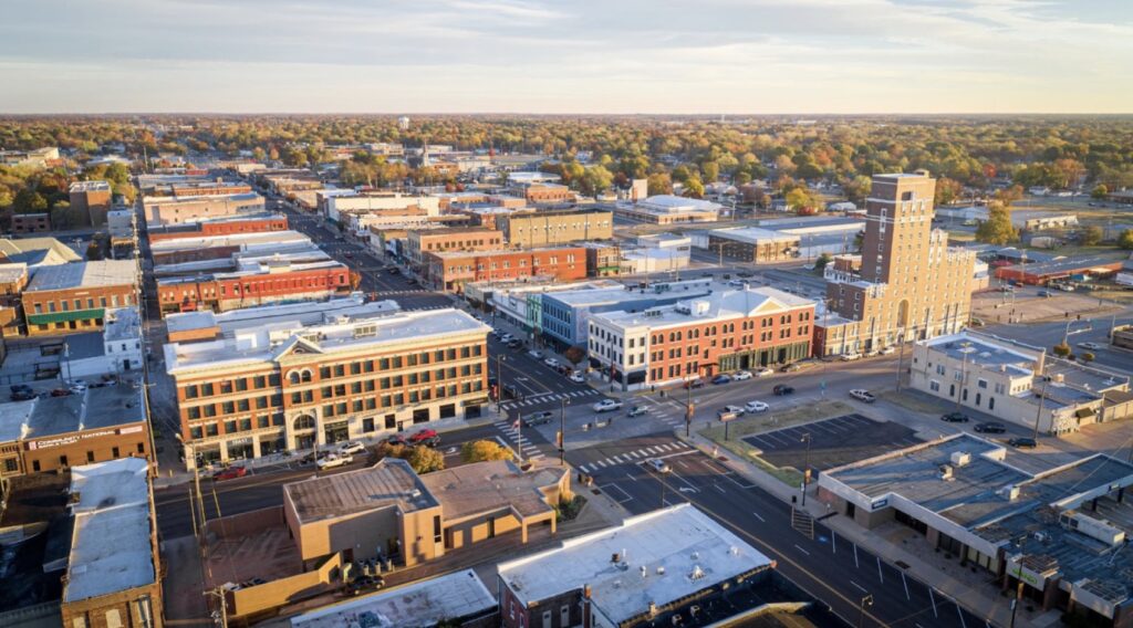 An aerial photo of downtown Pittsburg, Kansas, seen in the daytime.