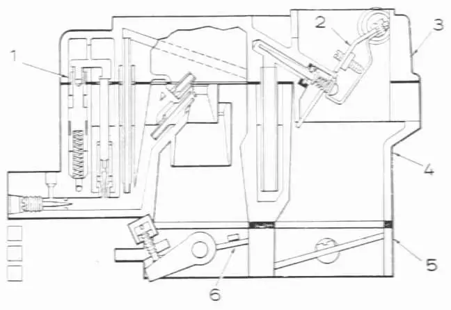 1 Вакуумний поршень
2 Заслінка
3 Кришка карбюратора
4 Корпус поплавця
5 Деталь дросельної заслінки
6 Дросельна заслінка 1-го ступеня