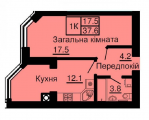 1-кімнатне планування квартири в будинку за адресою Молодіжна вулиця 3