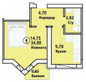 1-комнатная планировка квартиры в доме по адресу Ватутина улица 111