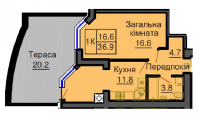 1-комнатная планировка квартиры в доме по адресу Королева академика улица 2