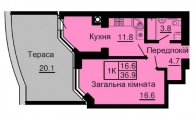 1-кімнатне планування квартири в будинку за адресою Молодіжна вулиця 3