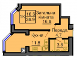 1-комнатная планировка квартиры в доме по адресу Королева академика улица 2