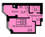 1-кімнатне планування квартири в будинку за адресою Молодіжна вулиця 3