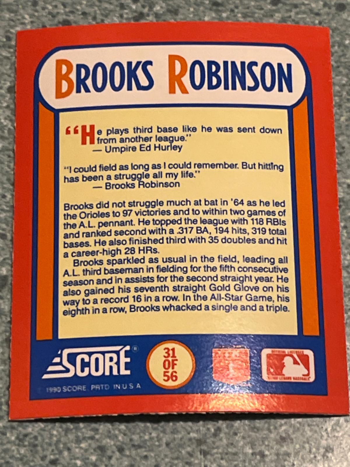 Brooks Robinson #31 of 56 Baseball Cards 1990 Score the MVP's