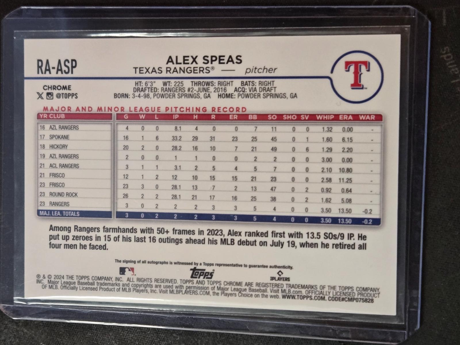 Alex Speas #RA-ASP Prices | 2024 Topps Chrome Rookie Autograph ...