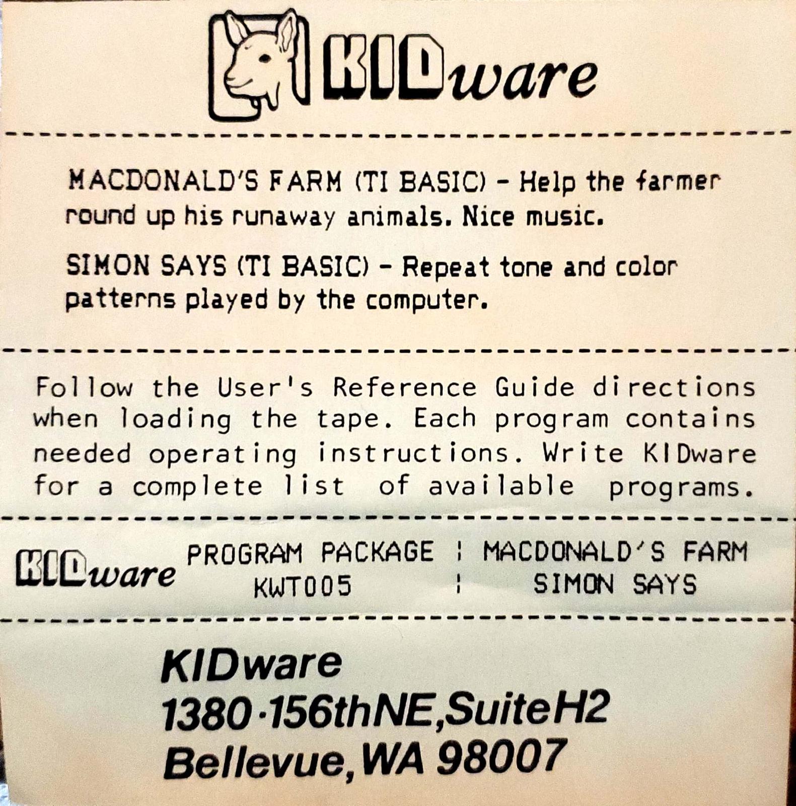 McDonald's Farm/Simon Says TI-99