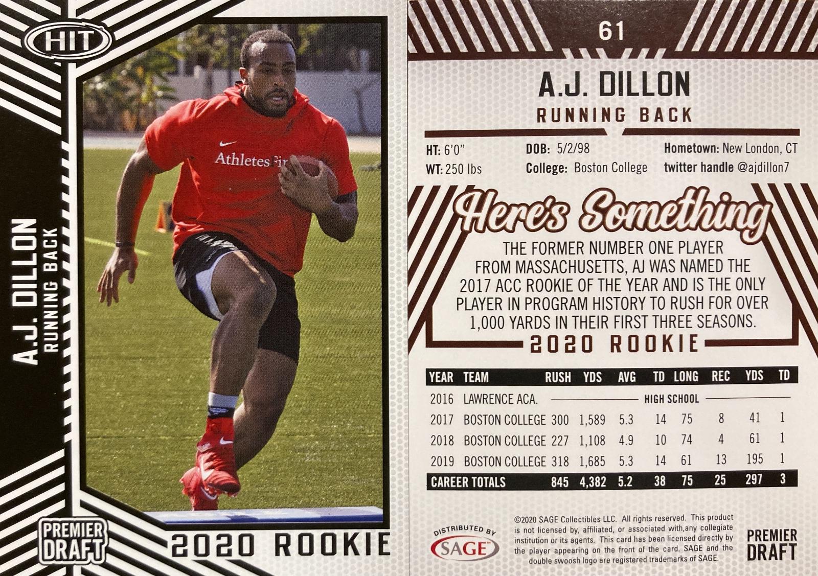 AJ Dillon #61 Football Cards 2020 Sage Hit