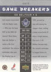 Back Of Card | Ed Belfour Hockey Cards 2003 Upper Deck Victory Game Breakers