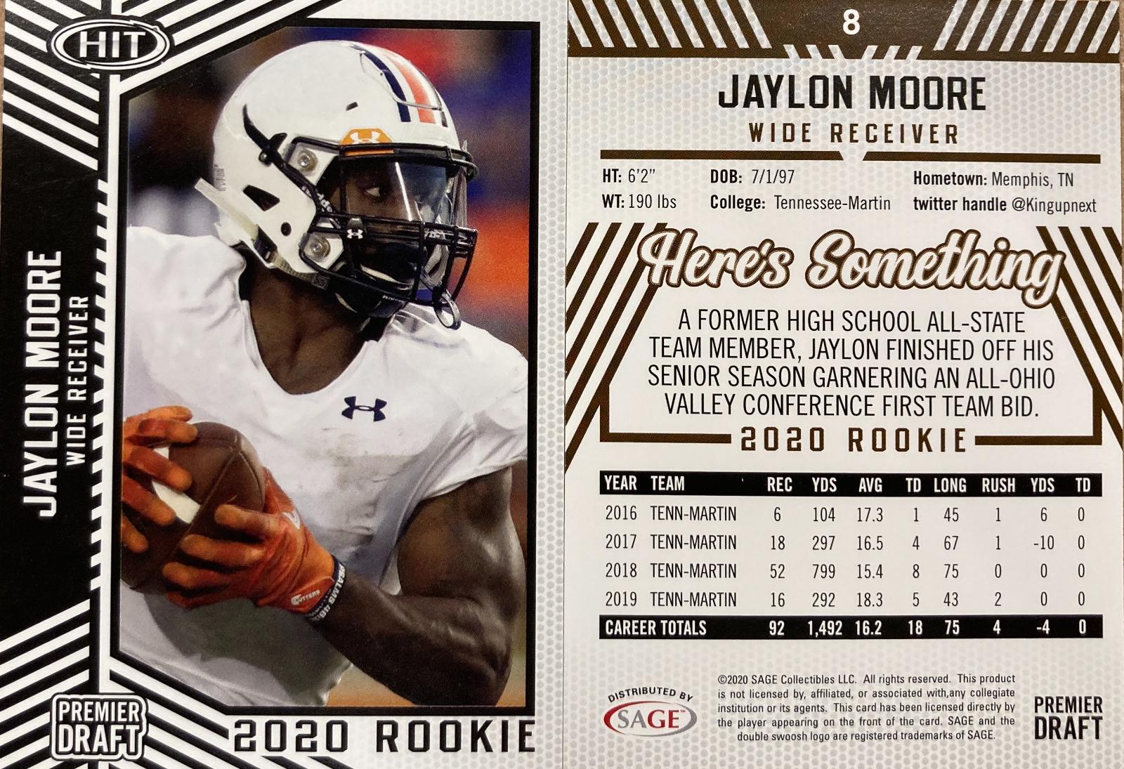 Jaylon Moore #8 Football Cards 2020 Sage Hit